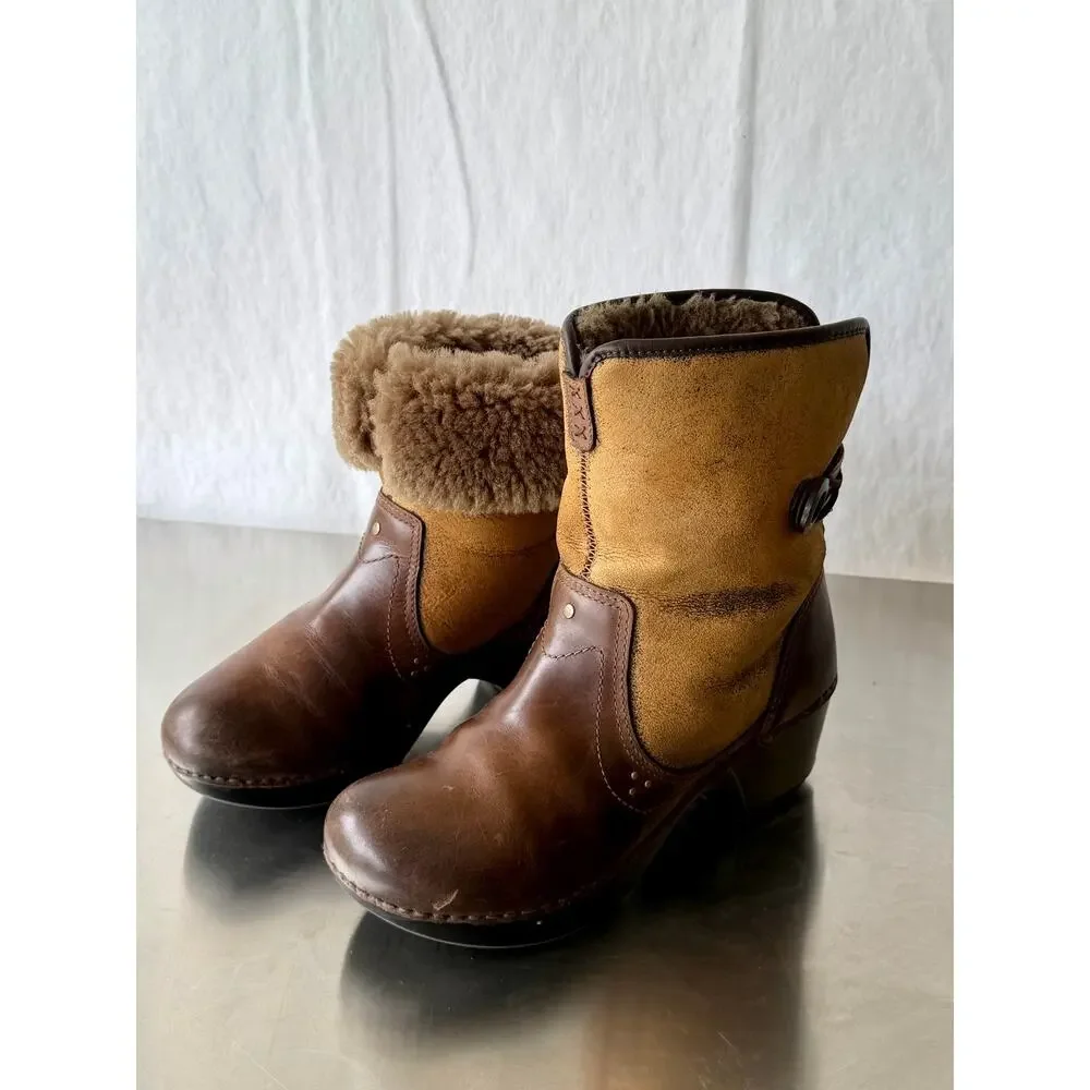 Dansko Brown Leather Shearling Foldable Cuff Clog Fur Boots EU 37/US 6.5-7